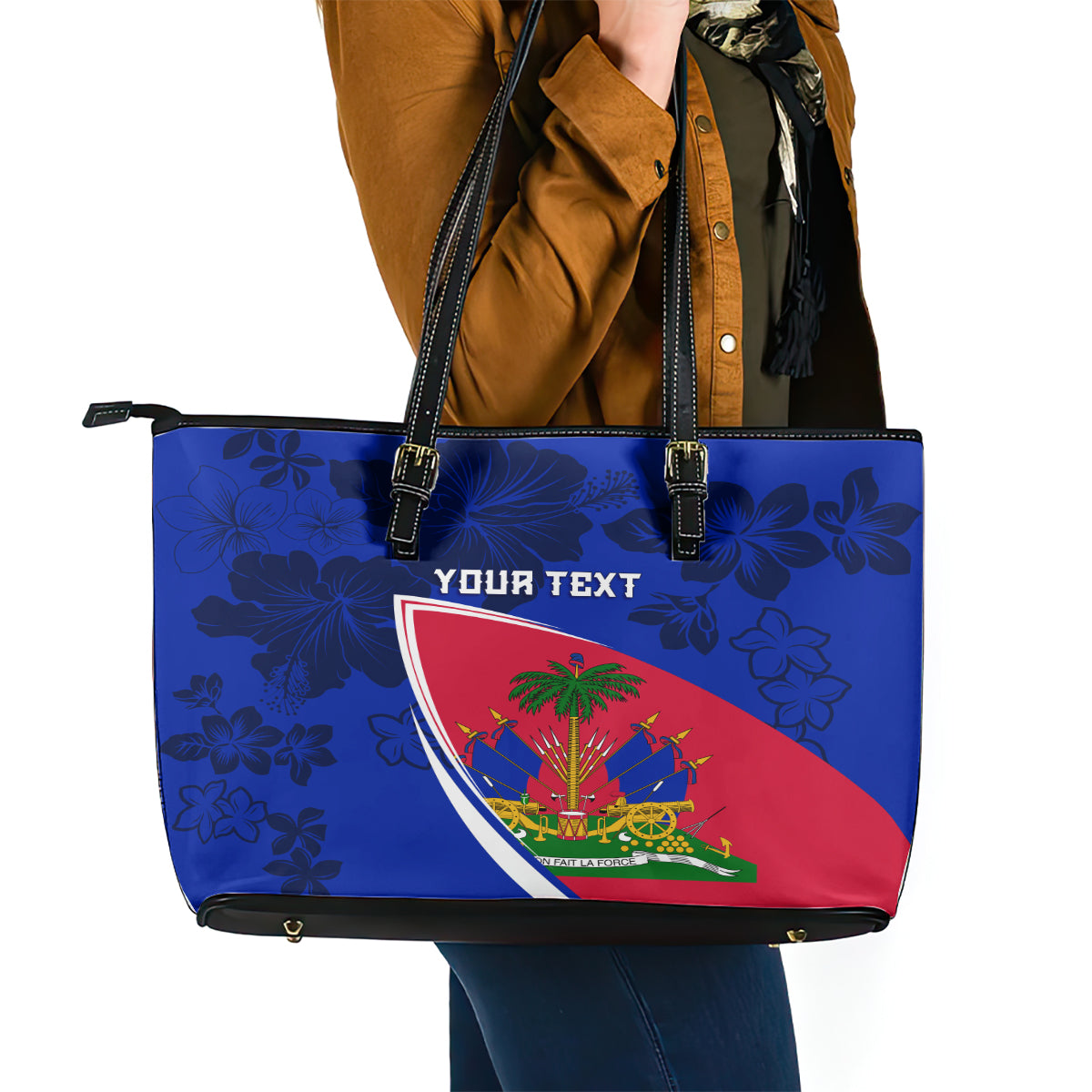 Personalised Haiti Independence Anniversary Leather Tote Bag Mix Hibiscus - Flag Color - Wonder Print Shop
