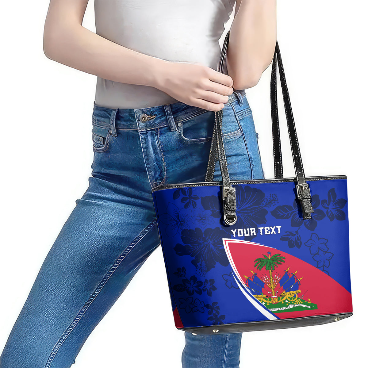 Personalised Haiti Independence Anniversary Leather Tote Bag Mix Hibiscus - Flag Color - Wonder Print Shop