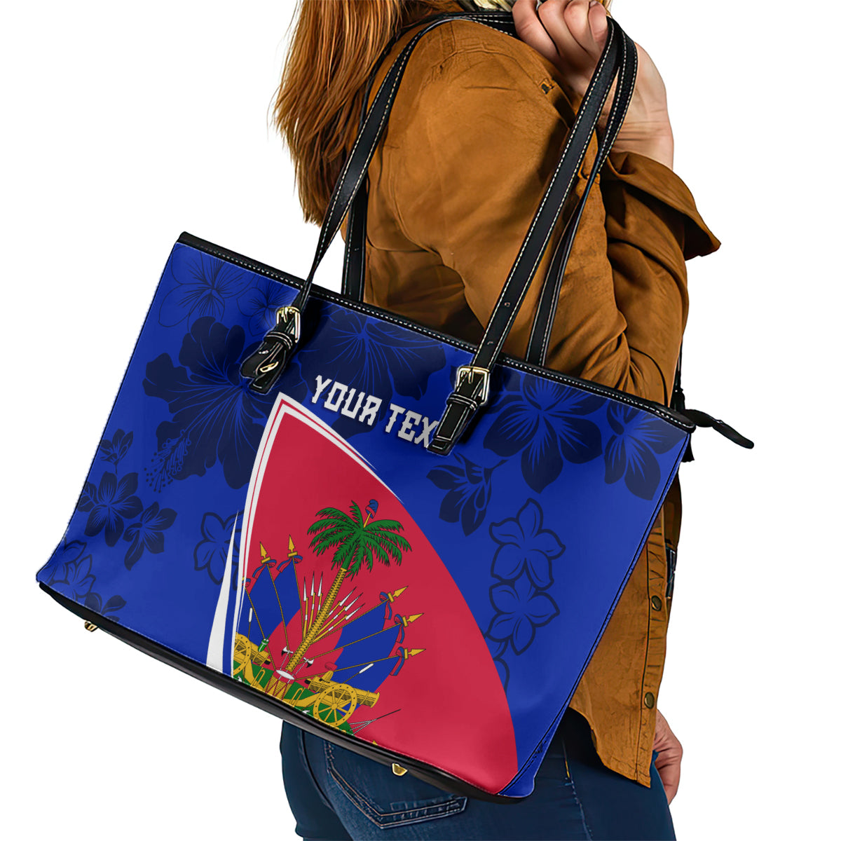 Personalised Haiti Independence Anniversary Leather Tote Bag Mix Hibiscus - Flag Color - Wonder Print Shop