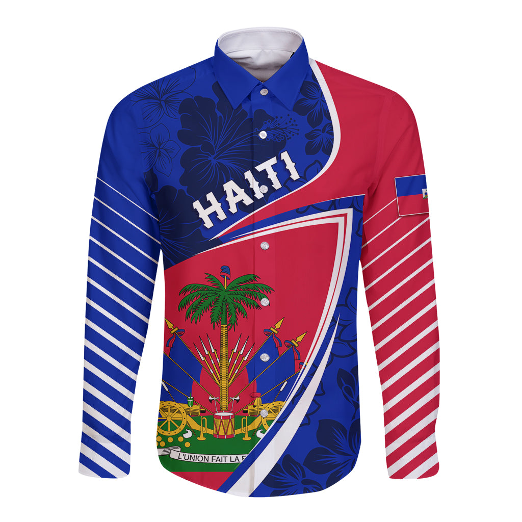 Personalised Haiti Independence Anniversary Long Sleeve Button Shirt Mix Hibiscus - Flag Color - Wonder Print Shop