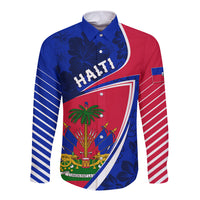 Personalised Haiti Independence Anniversary Long Sleeve Button Shirt Mix Hibiscus - Flag Color - Wonder Print Shop