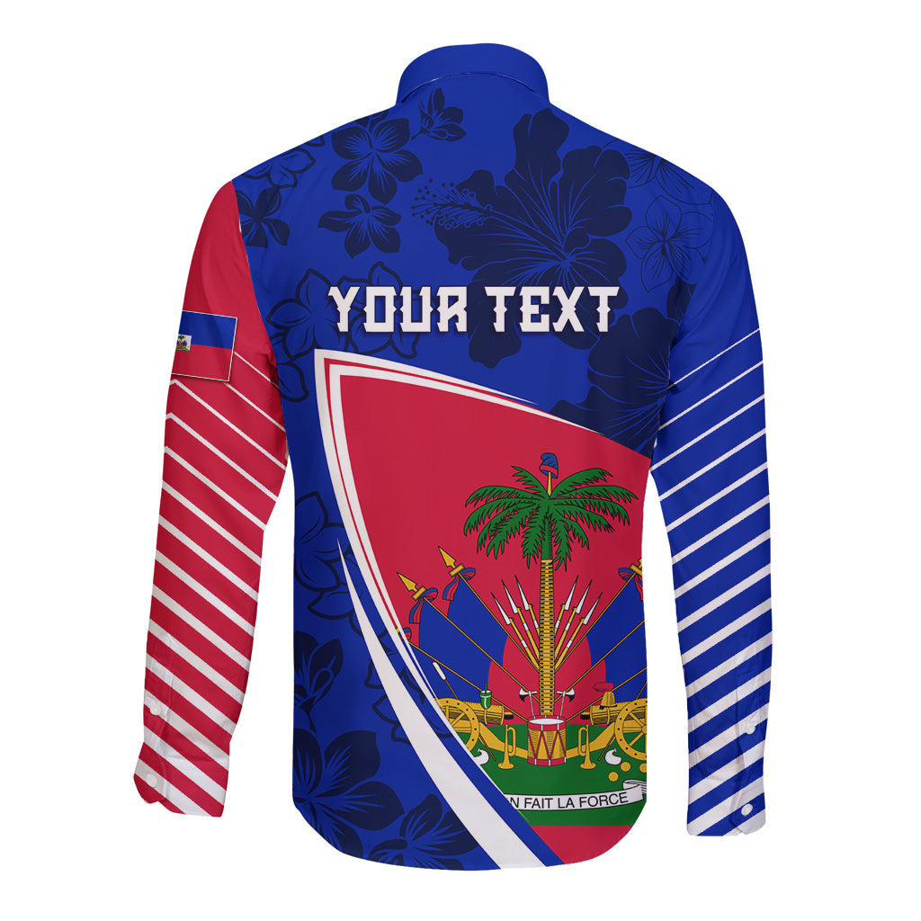 Personalised Haiti Independence Anniversary Long Sleeve Button Shirt Mix Hibiscus - Flag Color - Wonder Print Shop