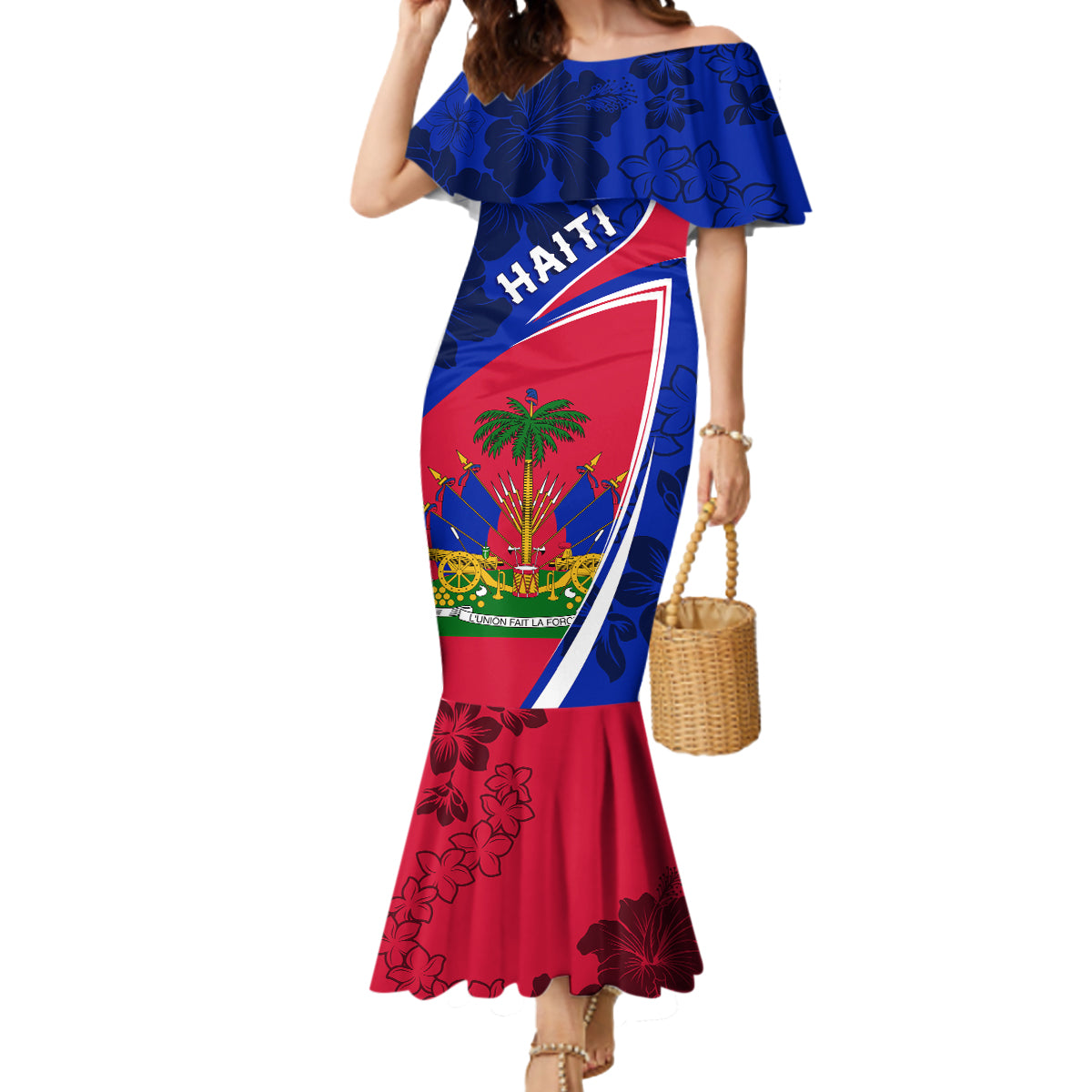 Personalised Haiti Independence Anniversary Mermaid Dress Mix Hibiscus - Flag Color - Wonder Print Shop