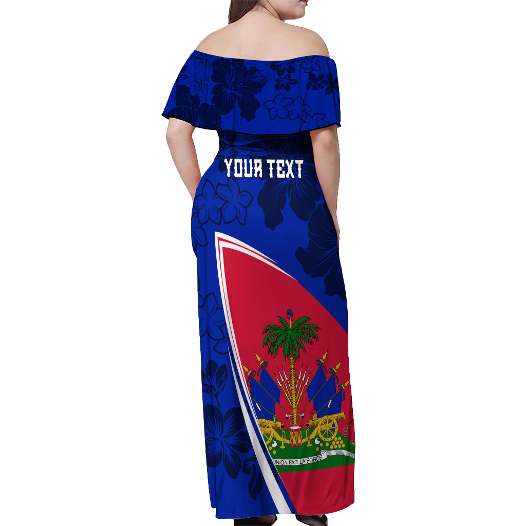 Personalised Haiti Independence Anniversary Off Shoulder Maxi Dress Mix Hibiscus - Flag Color - Wonder Print Shop