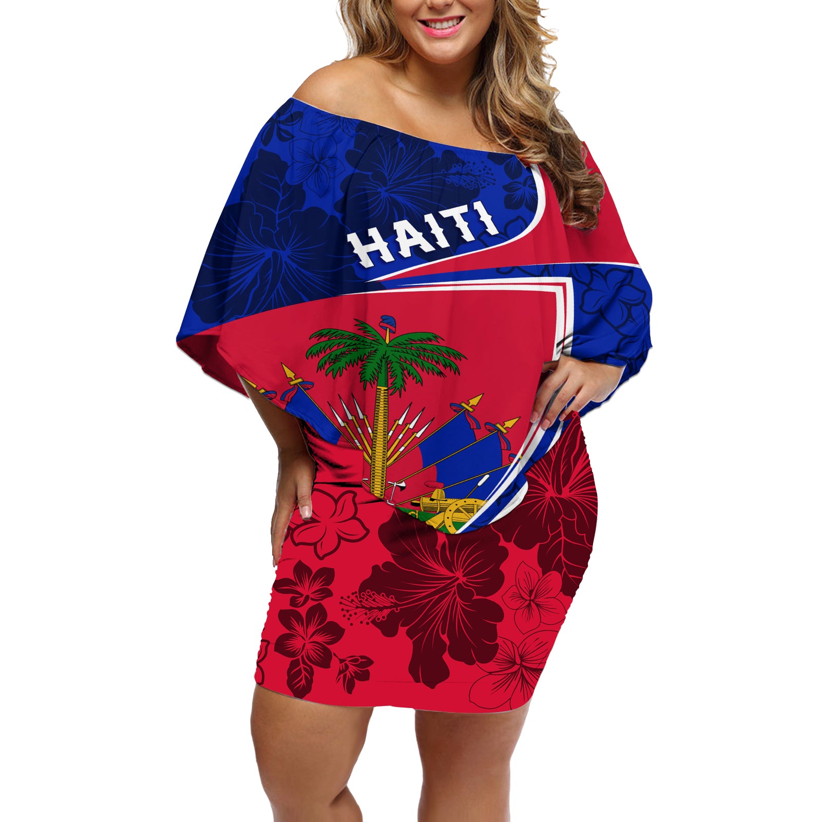 personalised-haiti-independence-anniversary-off-shoulder-short-dress-mix-hibiscus-flag-color