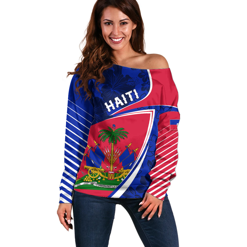Personalised Haiti Independence Anniversary Off Shoulder Sweater Mix Hibiscus - Flag Color - Wonder Print Shop