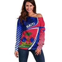 Personalised Haiti Independence Anniversary Off Shoulder Sweater Mix Hibiscus - Flag Color - Wonder Print Shop