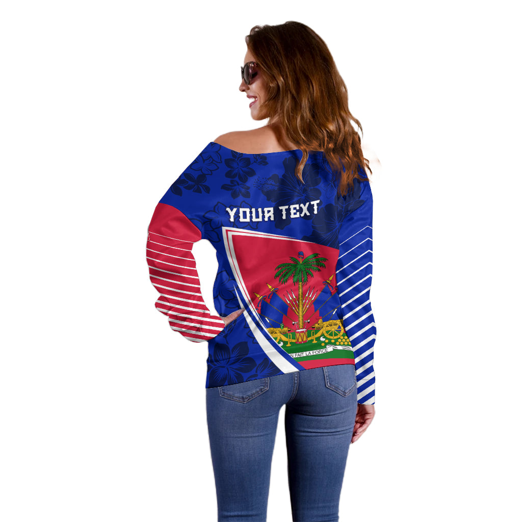 Personalised Haiti Independence Anniversary Off Shoulder Sweater Mix Hibiscus - Flag Color - Wonder Print Shop