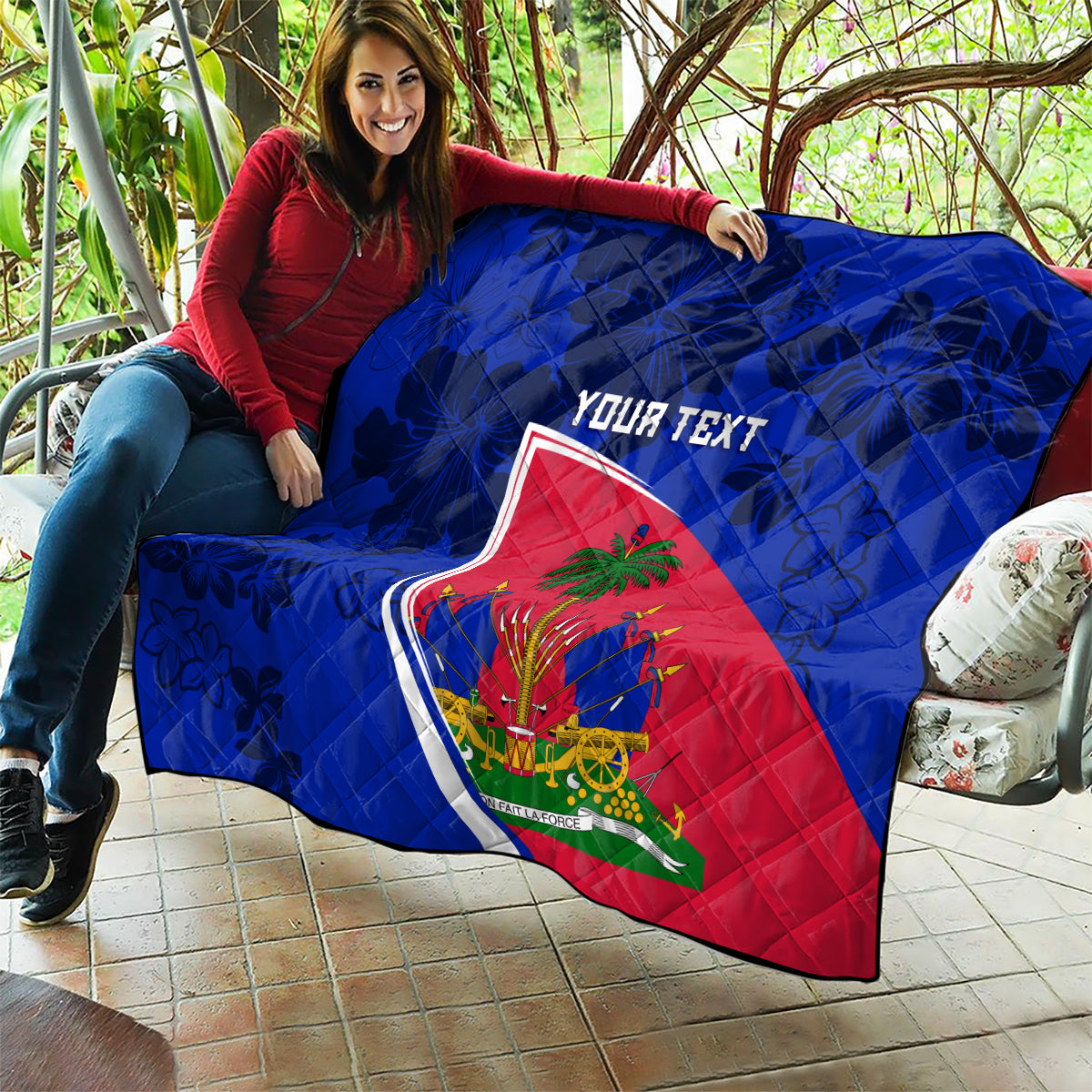 Personalised Haiti Independence Anniversary Quilt Mix Hibiscus - Flag Color - Wonder Print Shop