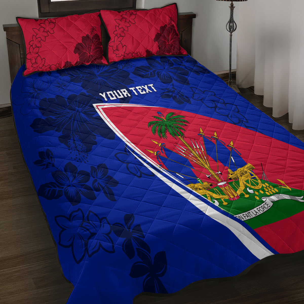 Personalised Haiti Independence Anniversary Quilt Bed Set Mix Hibiscus - Flag Color - Wonder Print Shop