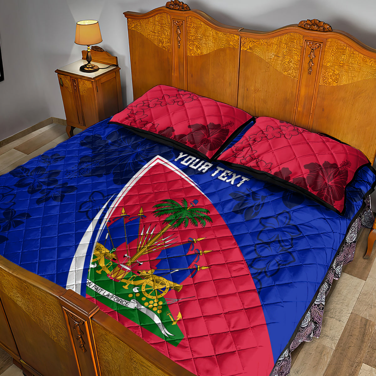 Personalised Haiti Independence Anniversary Quilt Bed Set Mix Hibiscus - Flag Color - Wonder Print Shop