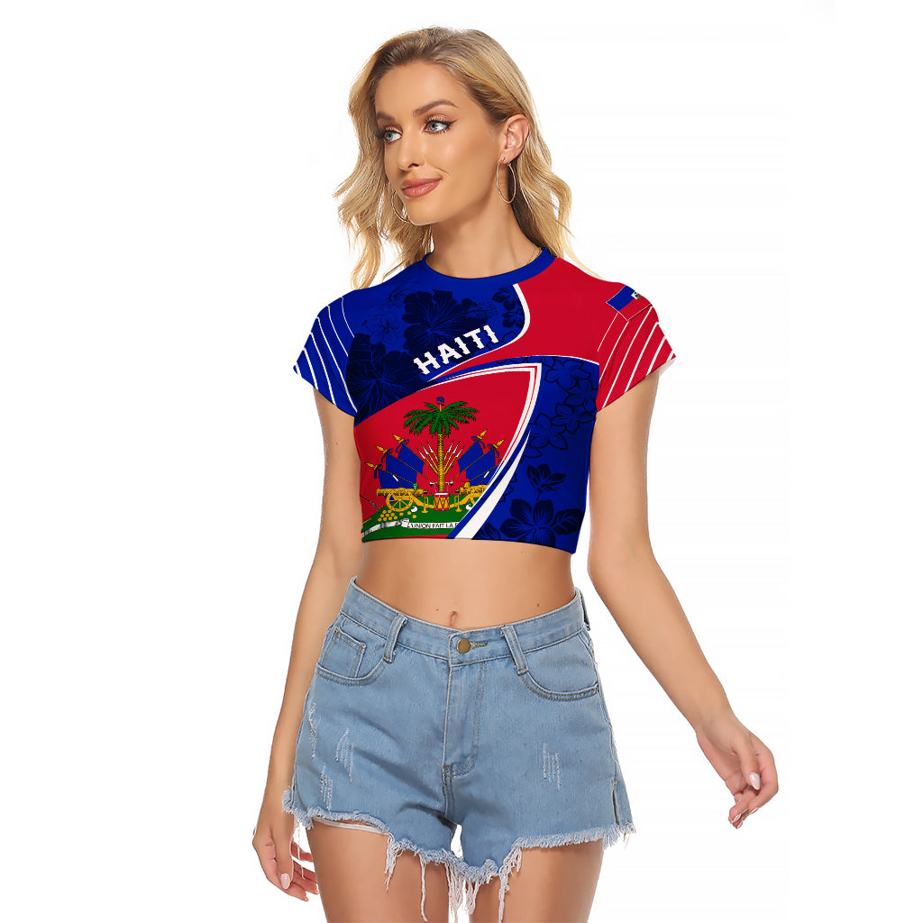 Personalised Haiti Independence Anniversary Raglan Cropped T Shirt Mix Hibiscus - Flag Color - Wonder Print Shop