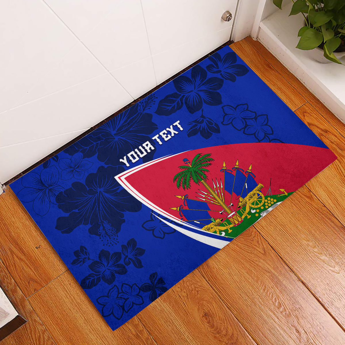 Personalised Haiti Independence Anniversary Rubber Doormat Mix Hibiscus - Flag Color - Wonder Print Shop