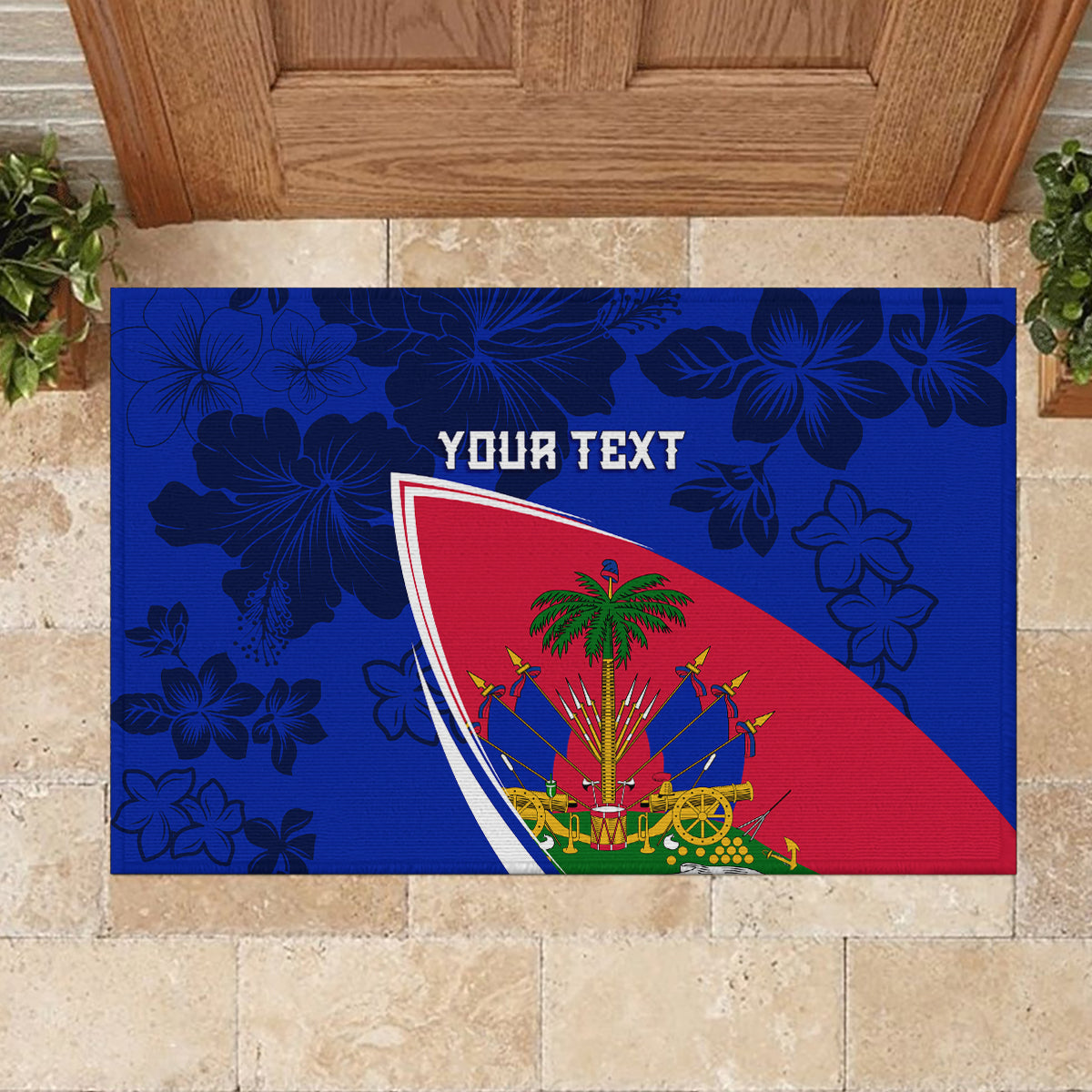 Personalised Haiti Independence Anniversary Rubber Doormat Mix Hibiscus - Flag Color - Wonder Print Shop