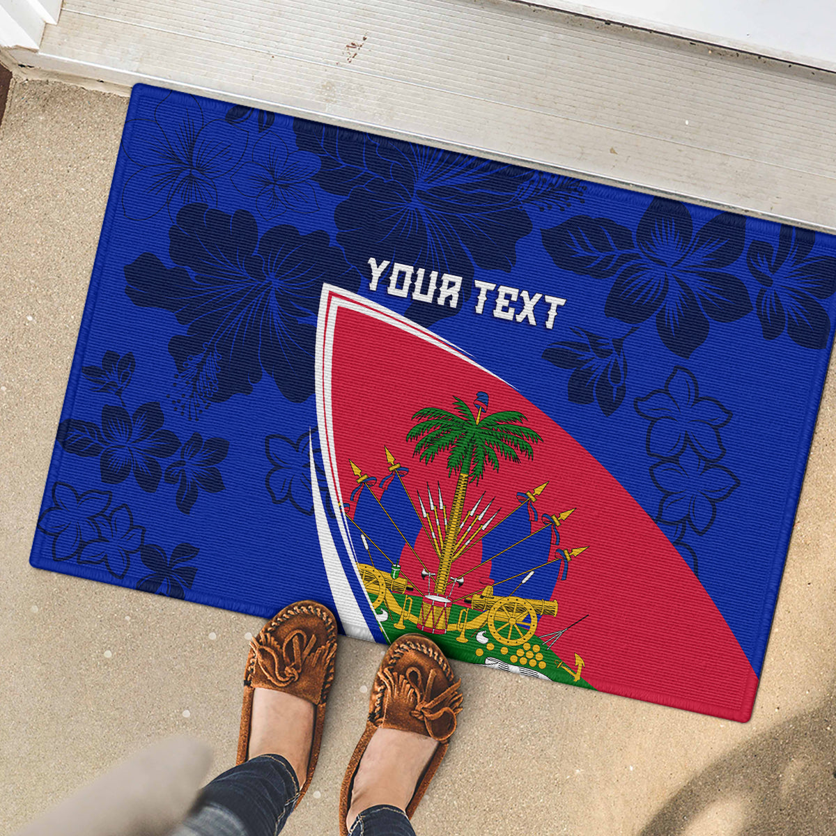 Personalised Haiti Independence Anniversary Rubber Doormat Mix Hibiscus - Flag Color - Wonder Print Shop