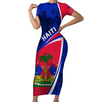 Personalised Haiti Independence Anniversary Short Sleeve Bodycon Dress Mix Hibiscus - Flag Color - Wonder Print Shop
