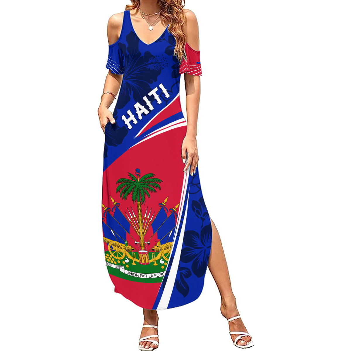 Personalised Haiti Independence Anniversary Summer Maxi Dress Mix Hibiscus - Flag Color - Wonder Print Shop