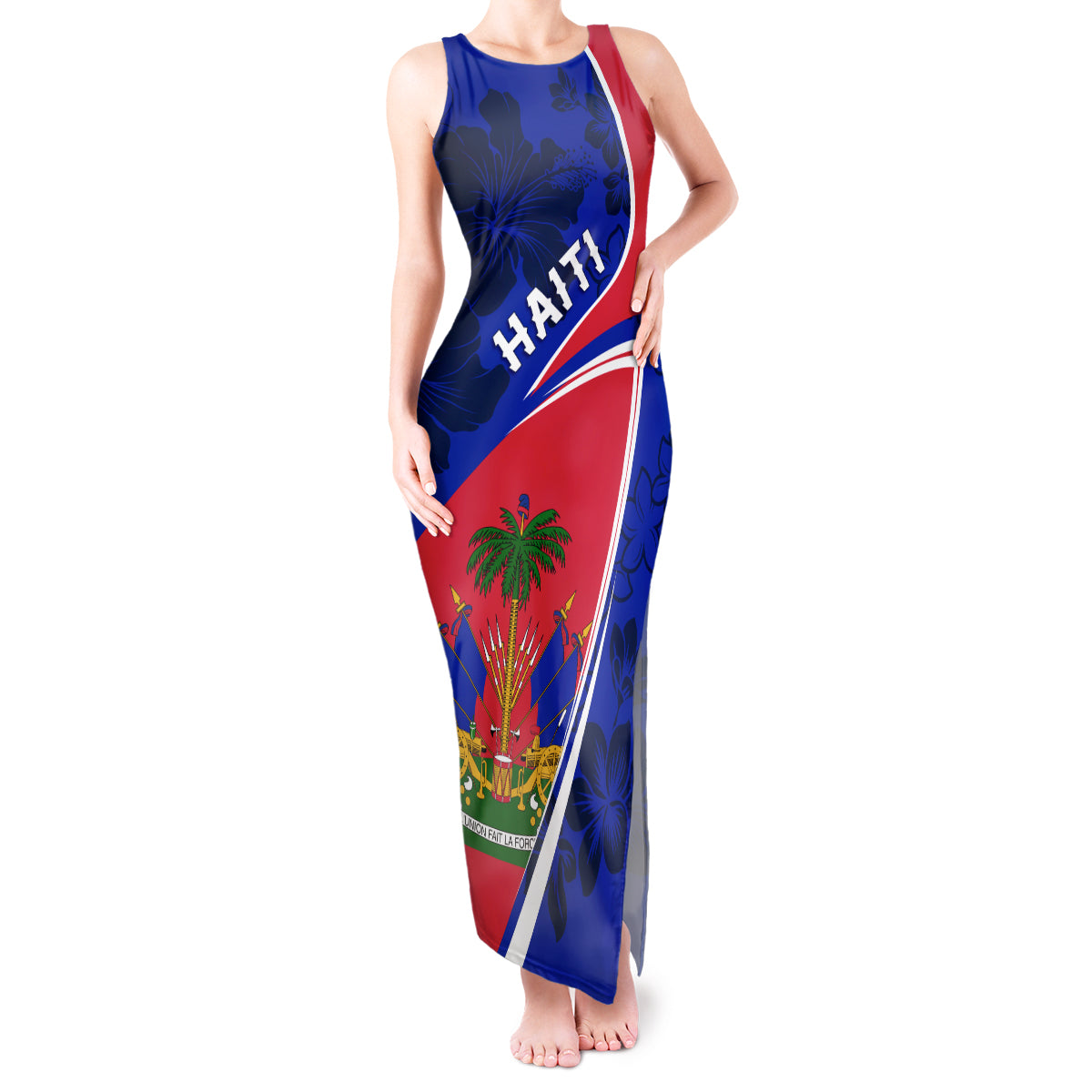 Personalised Haiti Independence Anniversary Tank Maxi Dress Mix Hibiscus - Flag Color - Wonder Print Shop