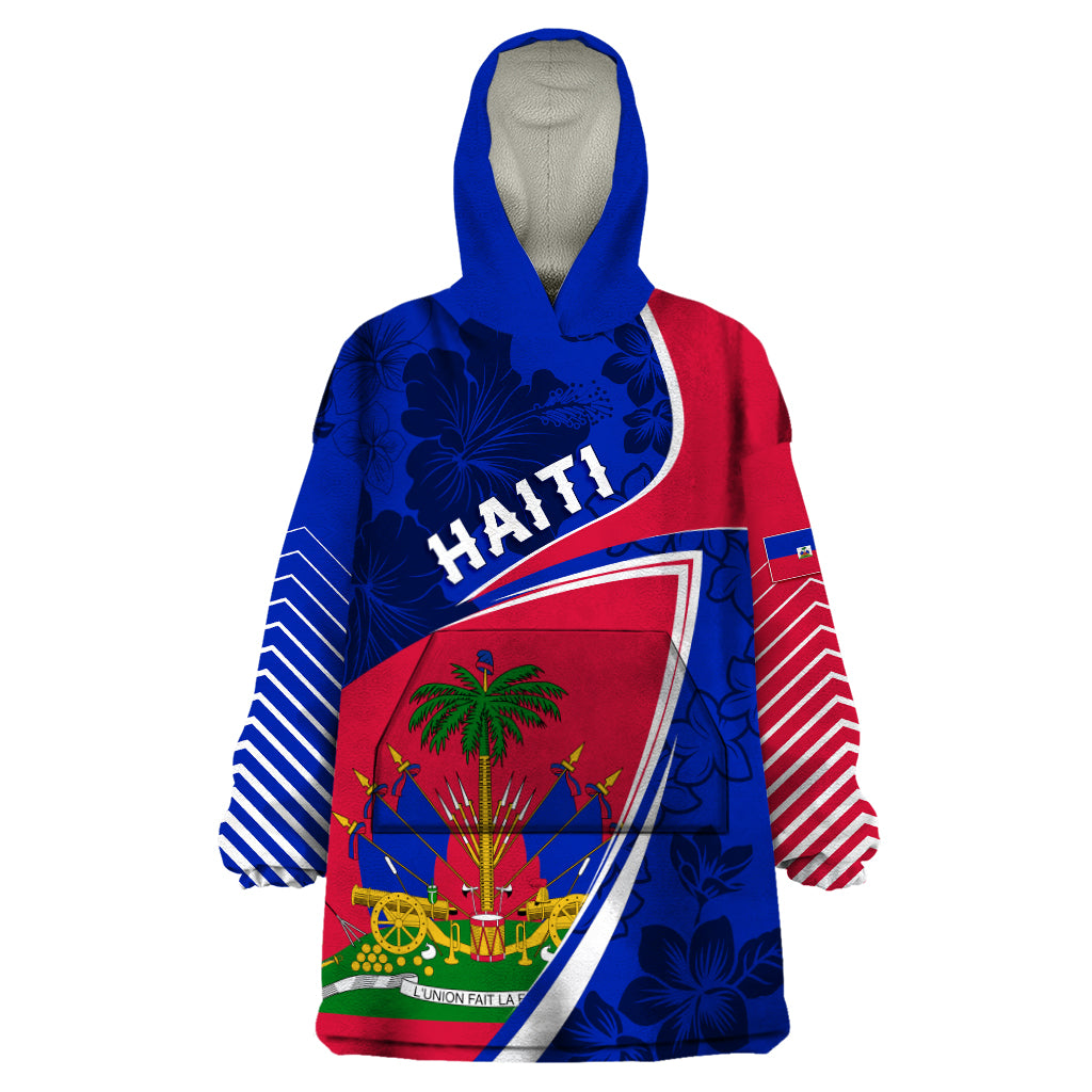Personalised Haiti Independence Anniversary Wearable Blanket Hoodie Mix Hibiscus - Flag Color - Wonder Print Shop