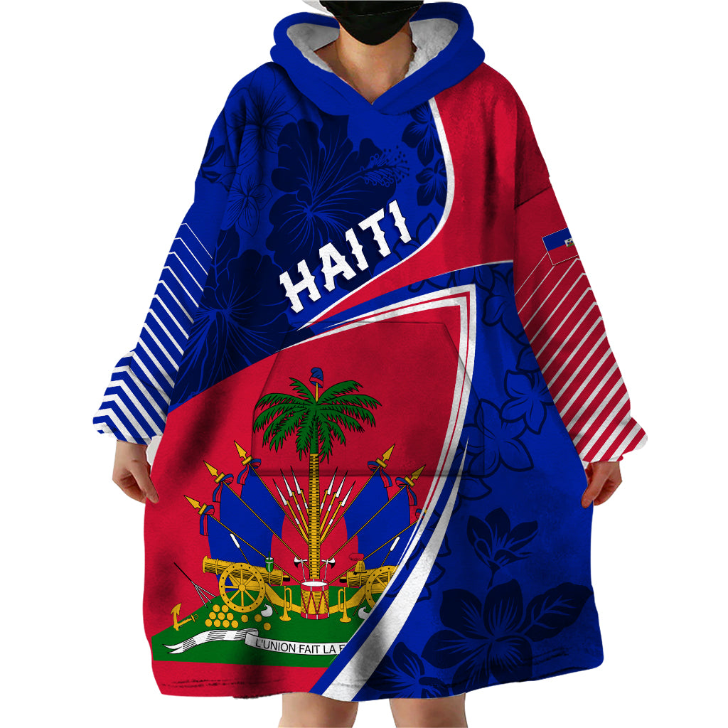 Personalised Haiti Independence Anniversary Wearable Blanket Hoodie Mix Hibiscus - Flag Color - Wonder Print Shop