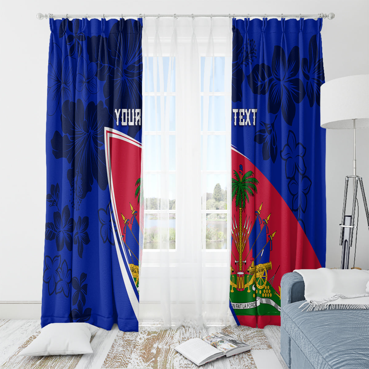 Personalised Haiti Independence Anniversary Window Curtain Mix Hibiscus - Flag Color - Wonder Print Shop