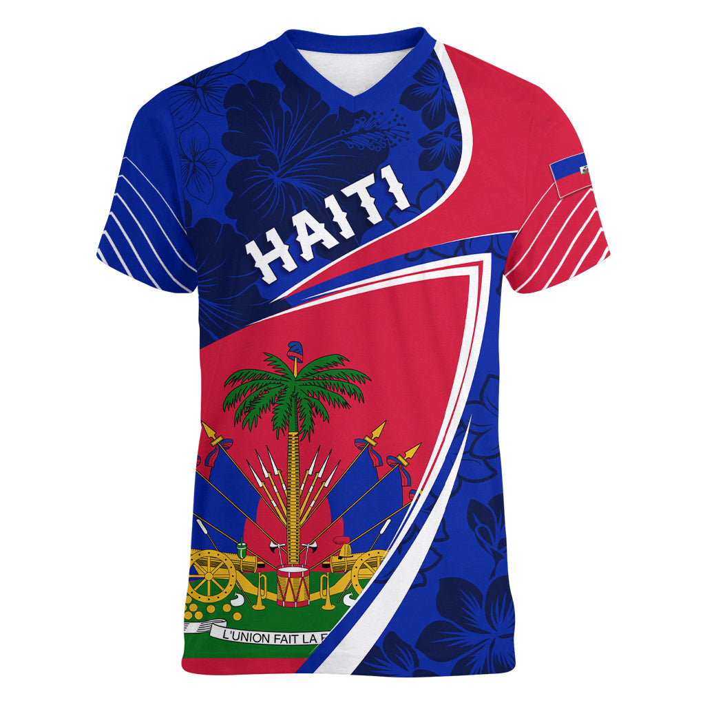 Personalised Haiti Independence Anniversary Women V Neck T Shirt Mix Hibiscus - Flag Color - Wonder Print Shop