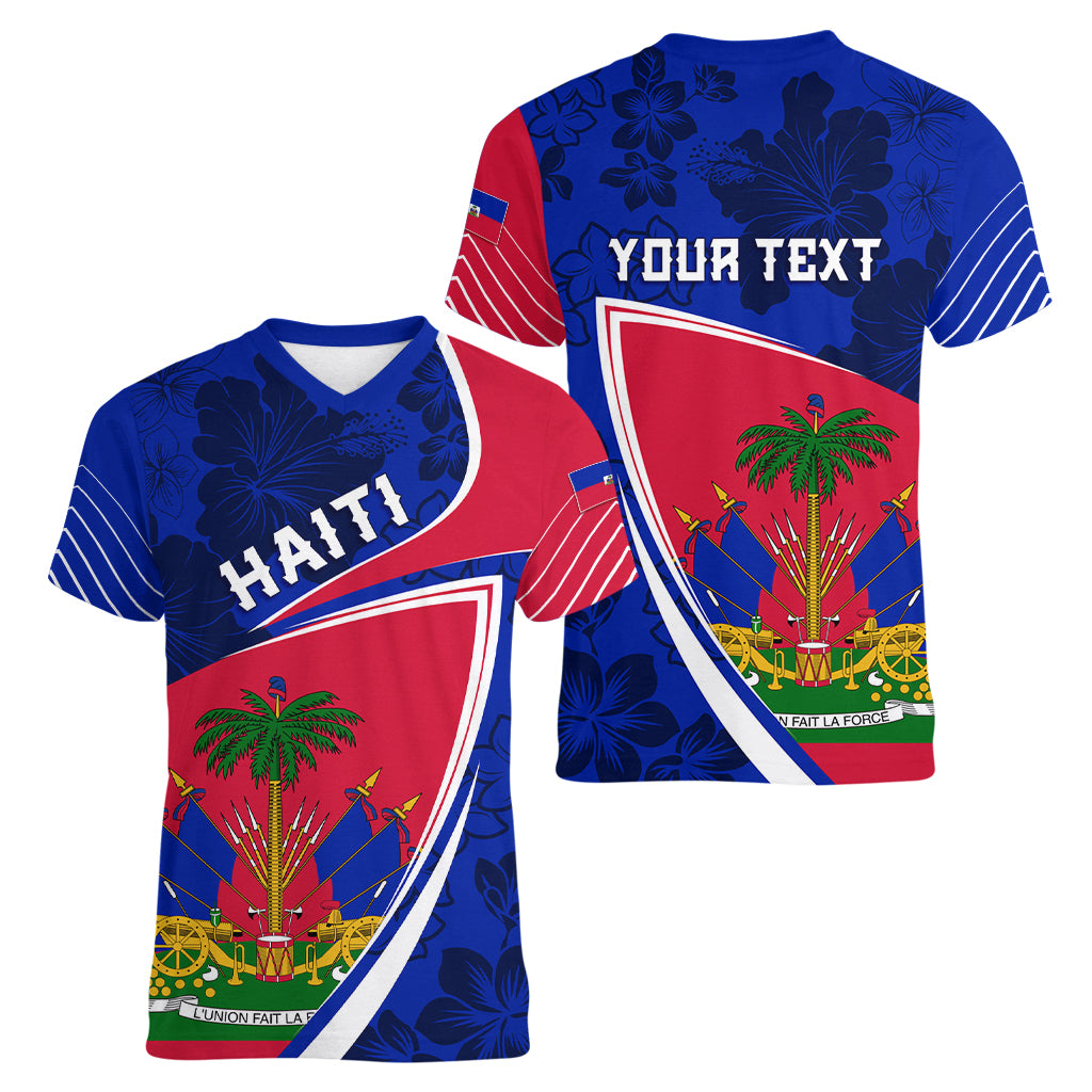 Personalised Haiti Independence Anniversary Women V Neck T Shirt Mix Hibiscus - Flag Color - Wonder Print Shop