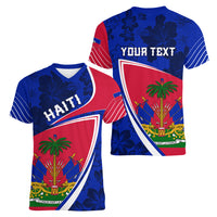 Personalised Haiti Independence Anniversary Women V Neck T Shirt Mix Hibiscus - Flag Color - Wonder Print Shop