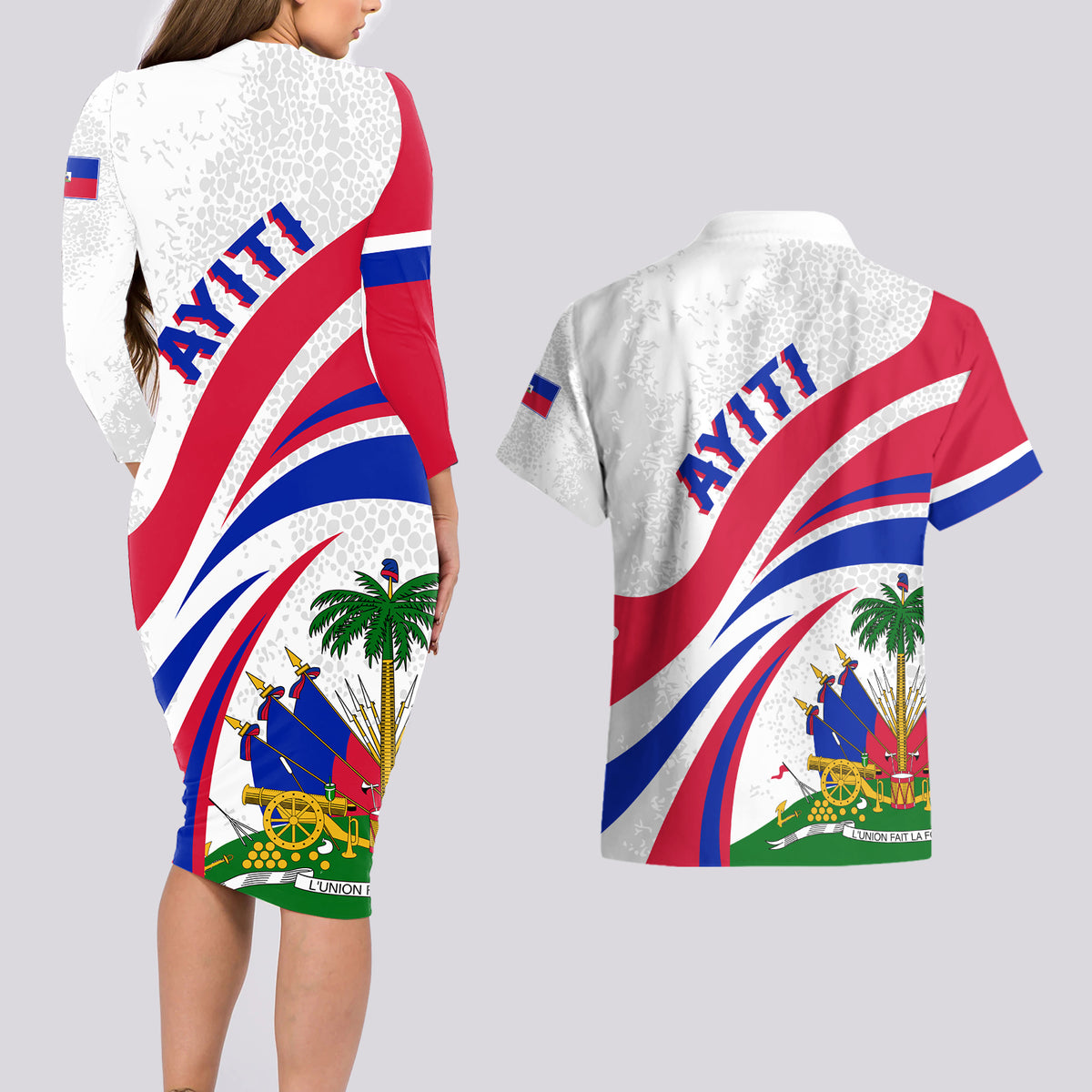 Haiti Independence Anniversary Couples Matching Long Sleeve Bodycon Dress and Hawaiian Shirt Ayiti Basic Style LT7 - Wonder Print Shop