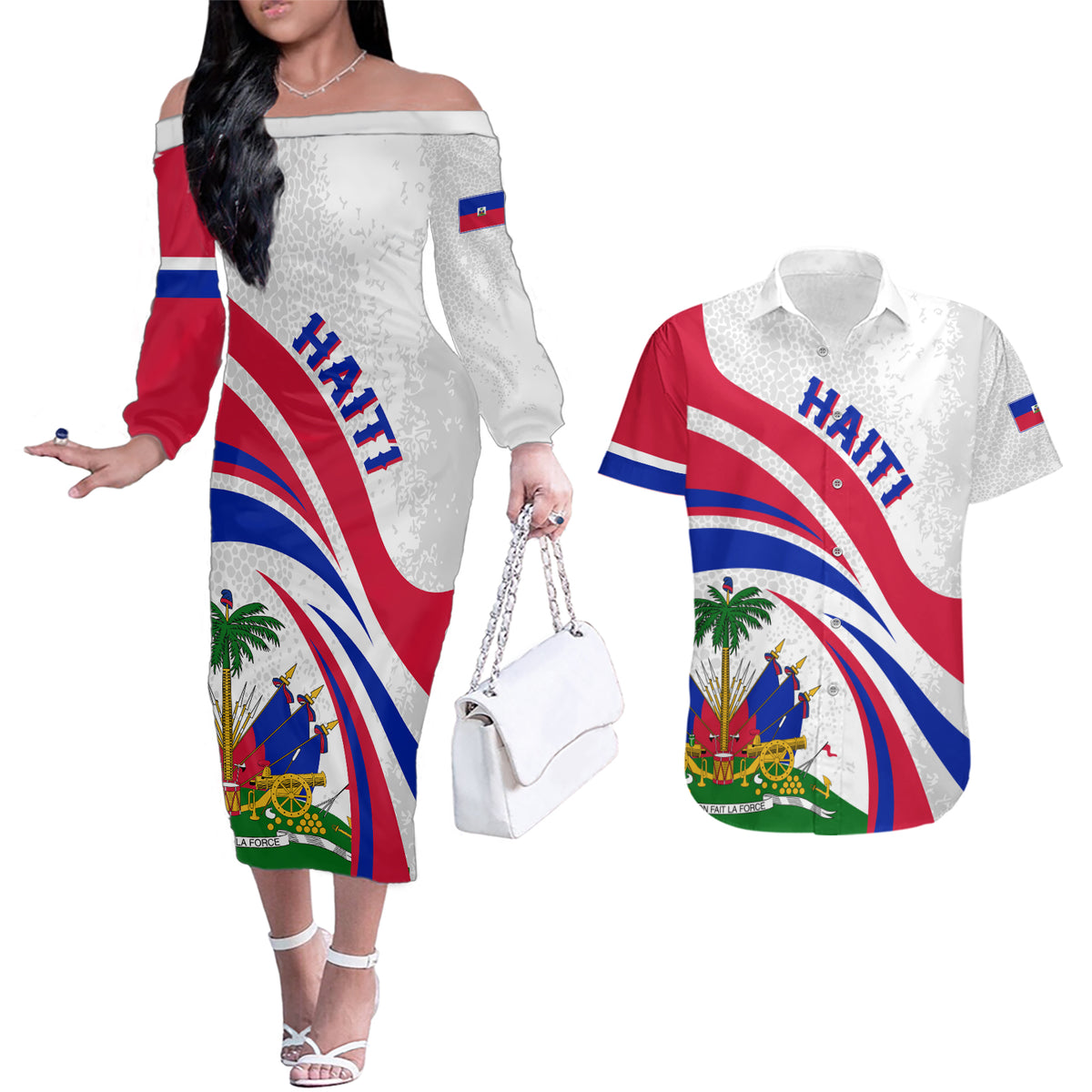 Haiti Independence Anniversary Couples Matching Off The Shoulder Long Sleeve Dress and Hawaiian Shirt Ayiti Basic Style LT7 - Wonder Print Shop