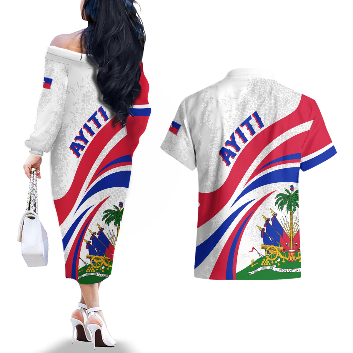 Haiti Independence Anniversary Couples Matching Off The Shoulder Long Sleeve Dress and Hawaiian Shirt Ayiti Basic Style LT7 - Wonder Print Shop