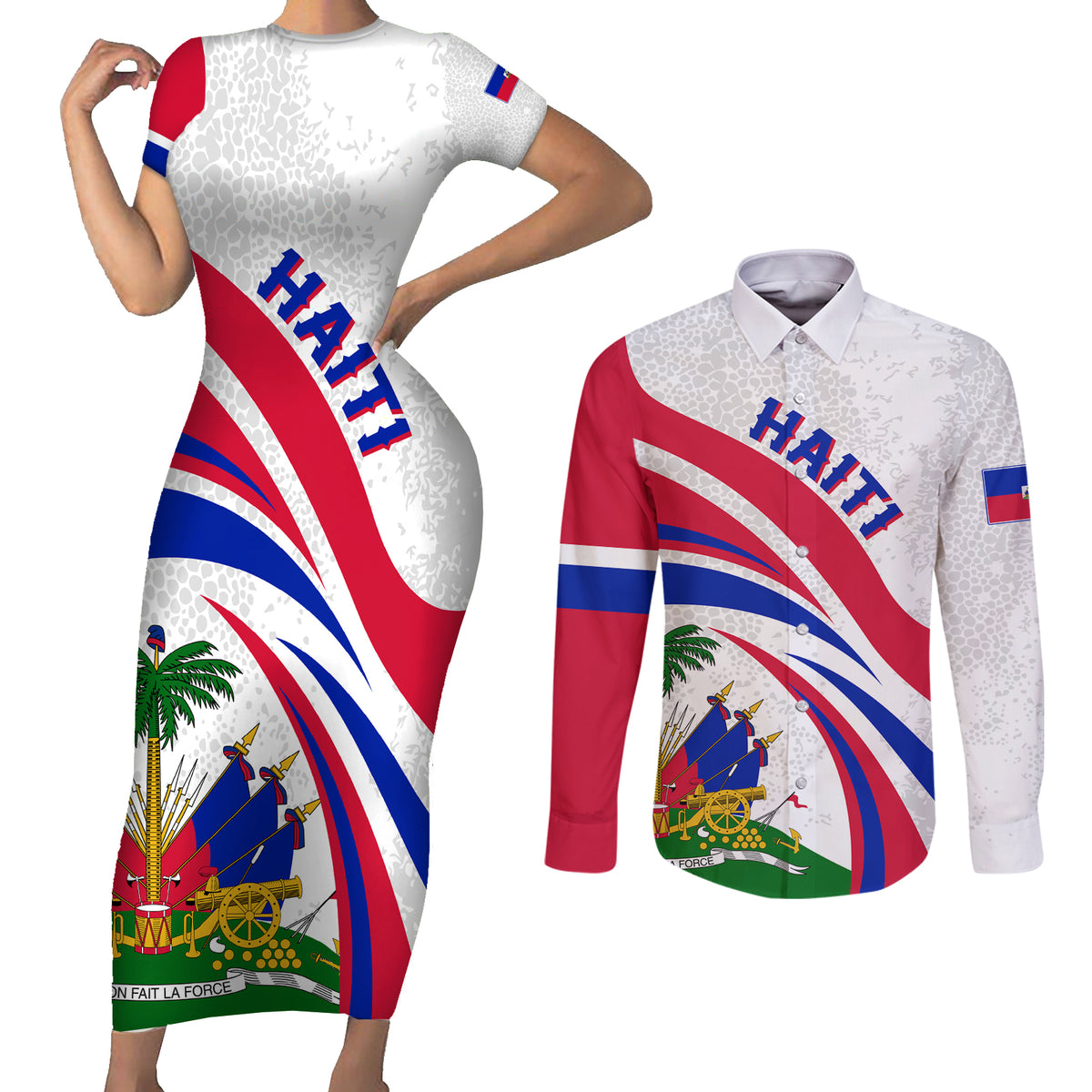 Haiti Independence Anniversary Couples Matching Short Sleeve Bodycon Dress and Long Sleeve Button Shirt Ayiti Basic Style LT7 - Wonder Print Shop