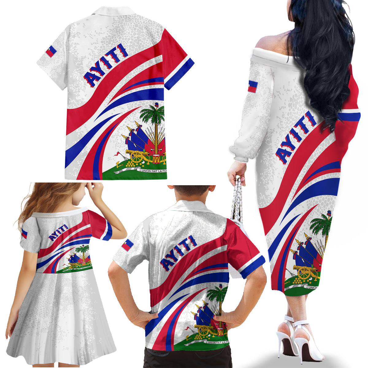 Haiti Independence Anniversary Family Matching Off Shoulder Long Sleeve Dress and Hawaiian Shirt Ayiti Basic Style - Wonder Print Shop