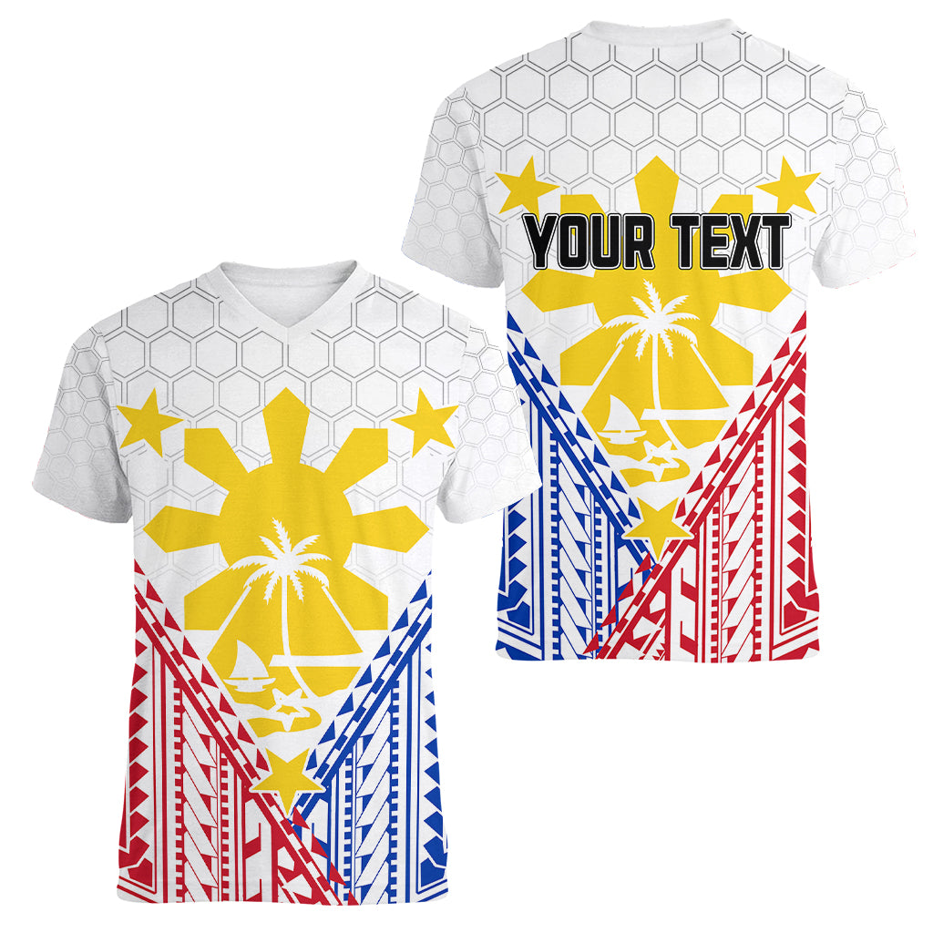 Personalised Philippines Mix Guam Women V Neck T Shirt Filipino Flag Style - Wonder Print Shop