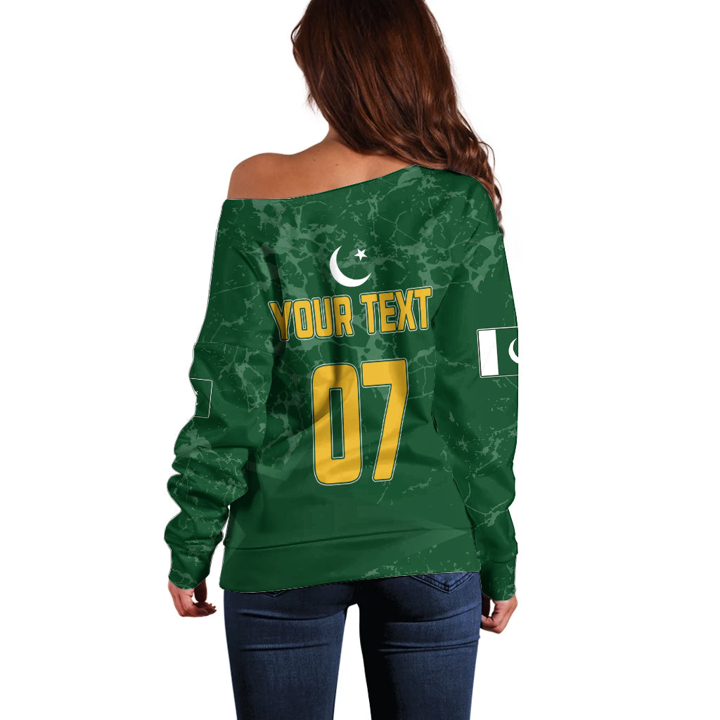 Personalised Pakistan Women Cricket Off Shoulder Sweater Marble Patterns - Wonder Print Shop