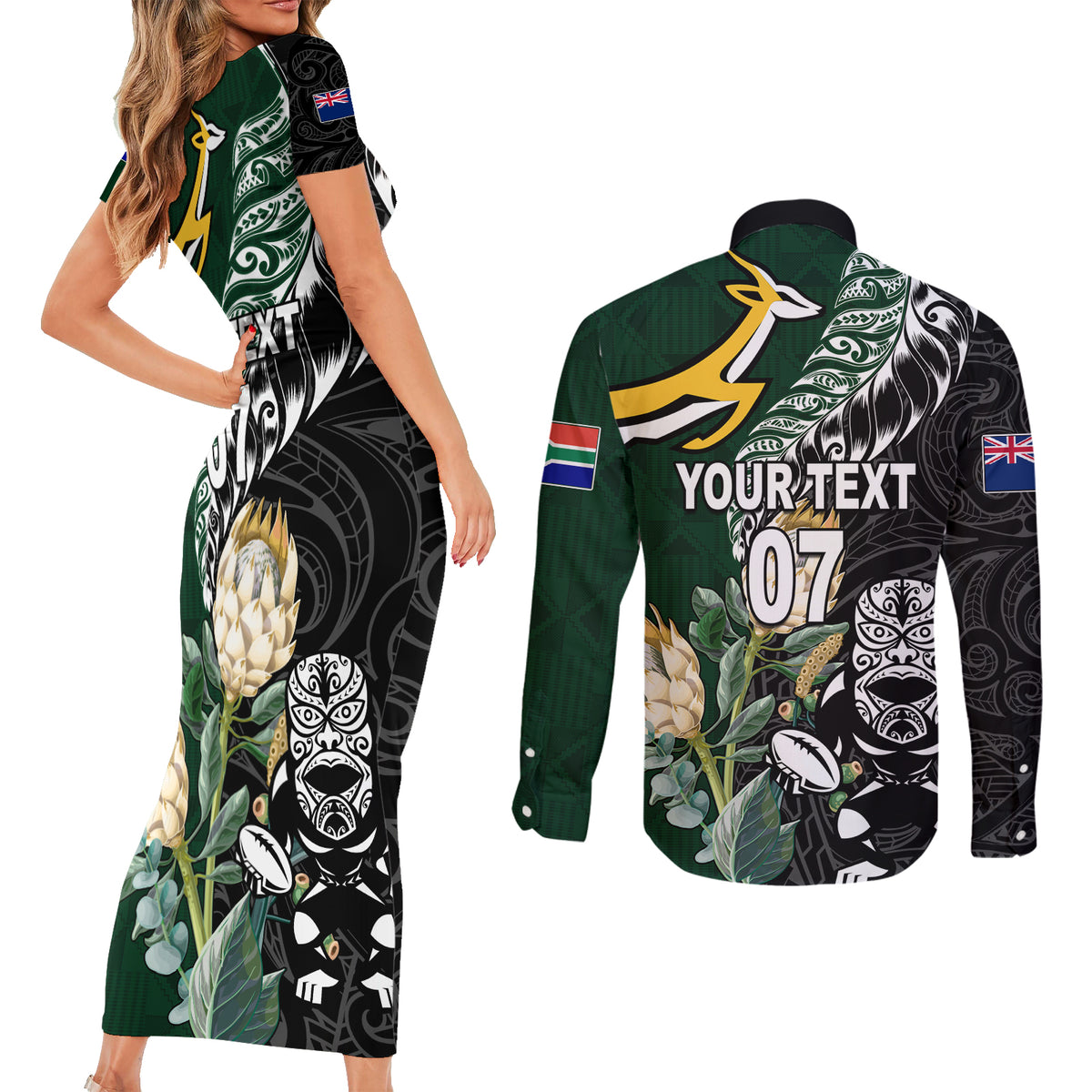 Custom South Africa Mix New Zealand Rugby 2023 Couples Matching Short Sleeve Bodycon Dress and Long Sleeve Button Shirt World Cup Greatest Rivalry LT7 - Wonder Print Shop