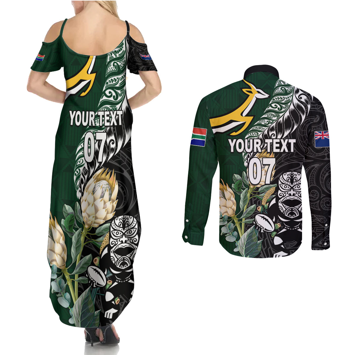 Custom South Africa Mix New Zealand Rugby 2023 Couples Matching Summer Maxi Dress and Long Sleeve Button Shirt World Cup Greatest Rivalry LT7 - Wonder Print Shop