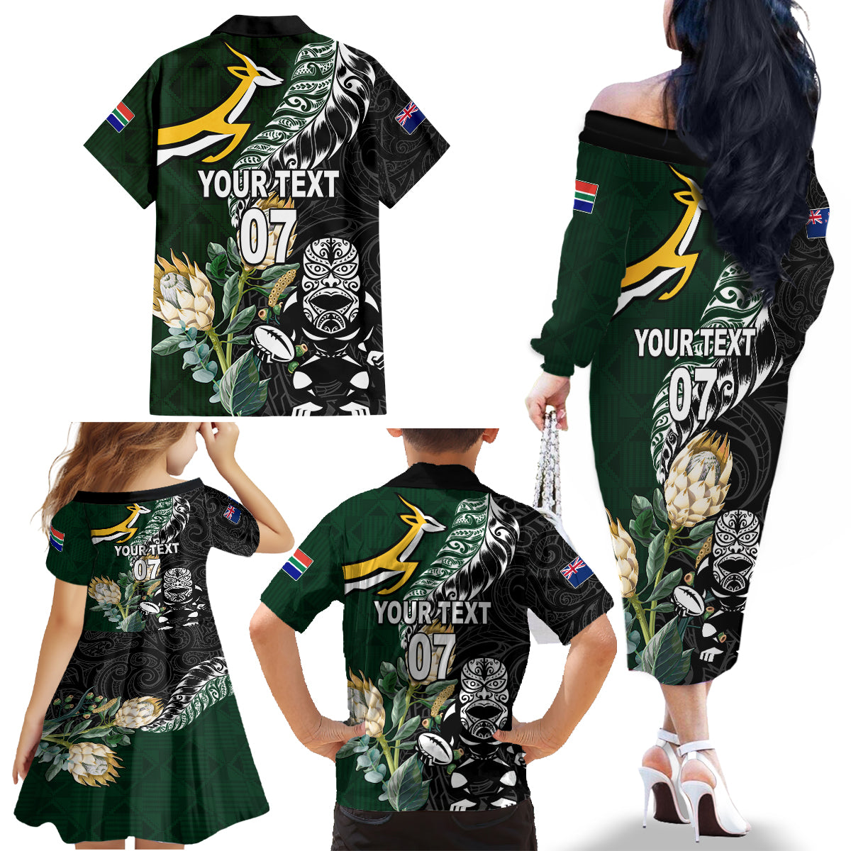 Custom South Africa Mix New Zealand Rugby 2023 Family Matching Off Shoulder Long Sleeve Dress and Hawaiian Shirt World Cup Greatest Rivalry - Wonder Print Shop