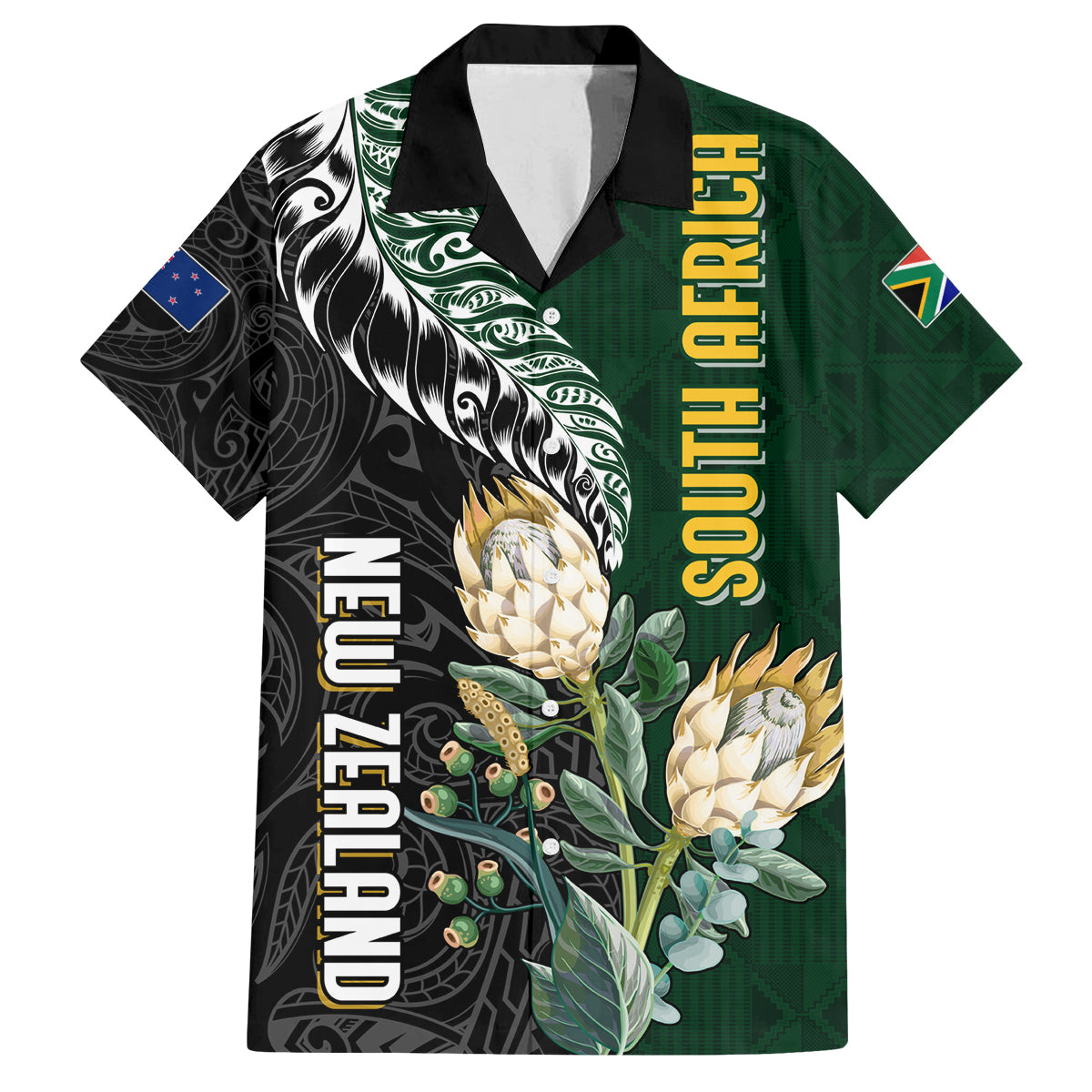 Custom South Africa Mix New Zealand Rugby 2023 Family Matching Off Shoulder Long Sleeve Dress and Hawaiian Shirt World Cup Greatest Rivalry - Wonder Print Shop