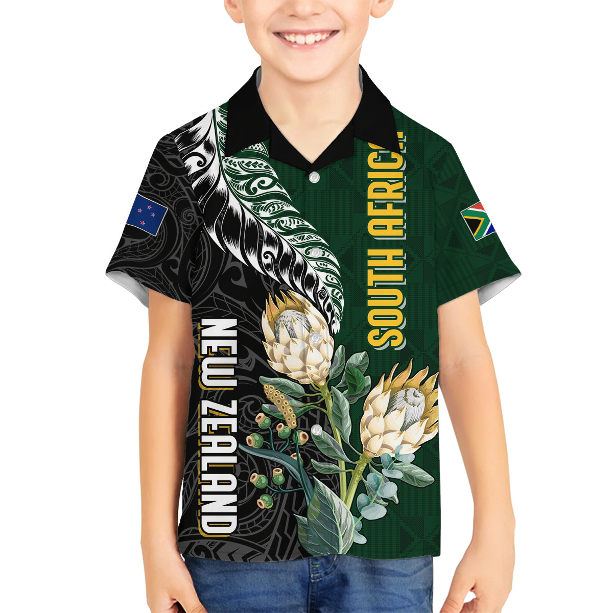 Custom South Africa Mix New Zealand Rugby 2023 Family Matching Off Shoulder Long Sleeve Dress and Hawaiian Shirt World Cup Greatest Rivalry - Wonder Print Shop