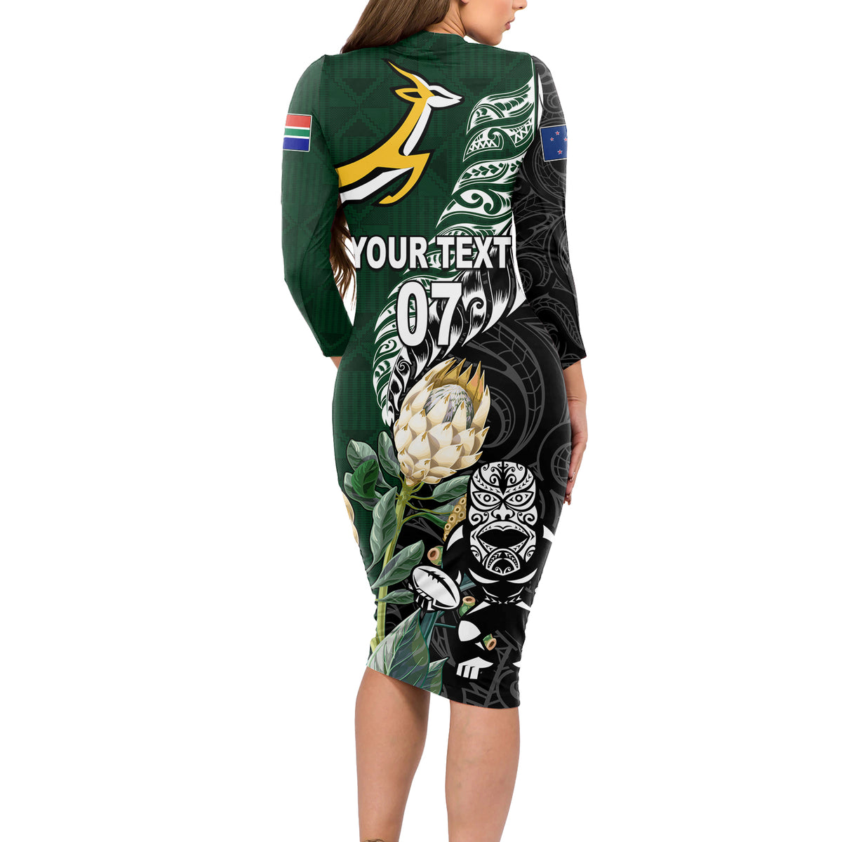Custom South Africa Mix New Zealand Rugby 2023 Long Sleeve Bodycon Dress World Cup Greatest Rivalry - Wonder Print Shop