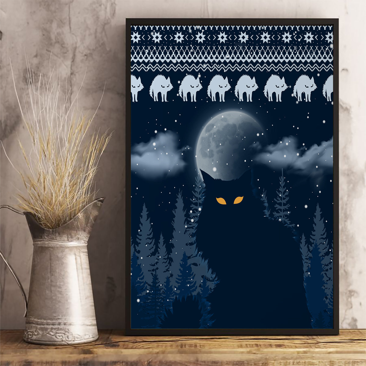 Yule Cat Christmas Canvas Wall Art Jolakotturinn Snowy Night LT7 - Wonder Print Shop
