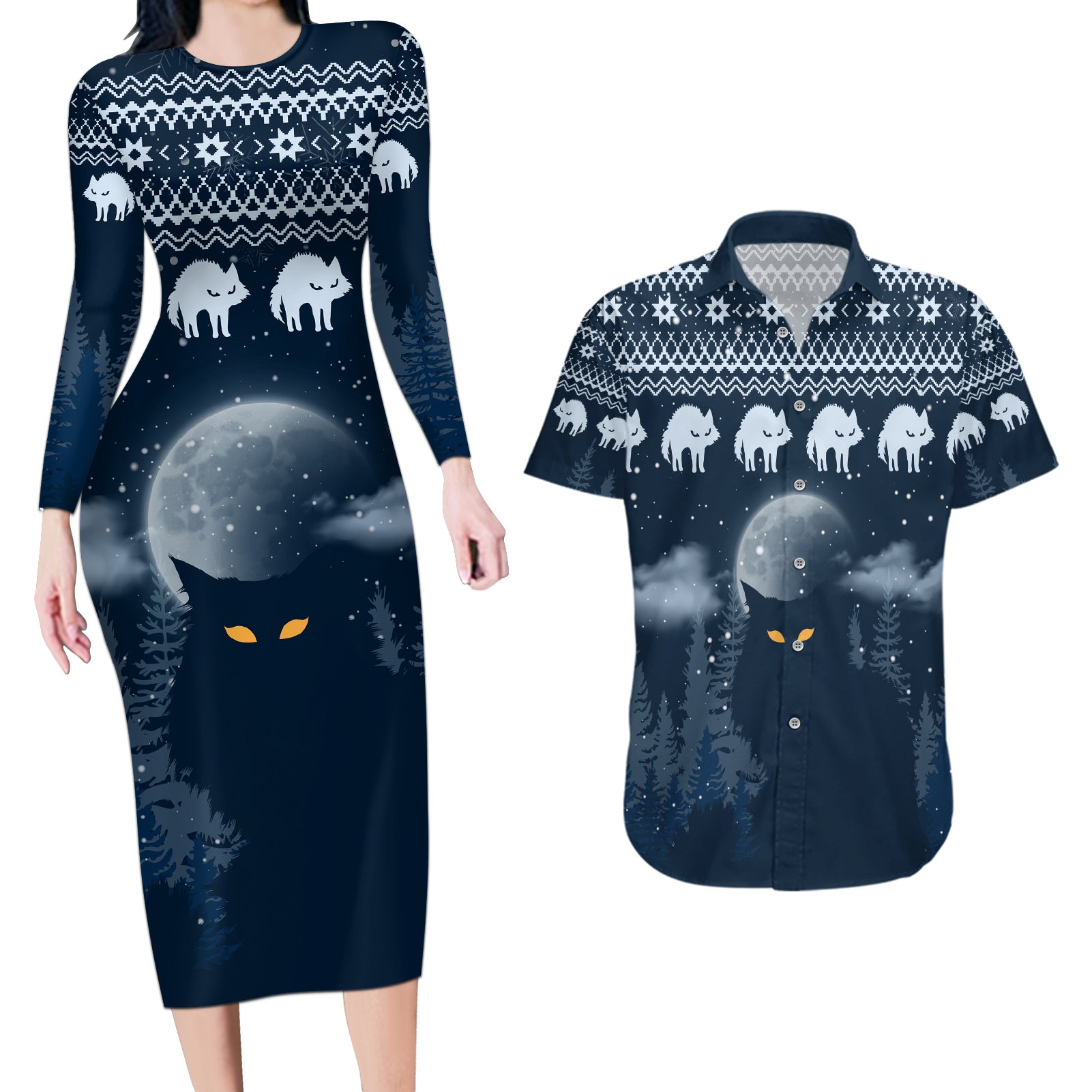 Yule Cat Christmas Couples Matching Long Sleeve Bodycon Dress and Hawaiian Shirt Jolakotturinn Snowy Night LT7 - Wonder Print Shop