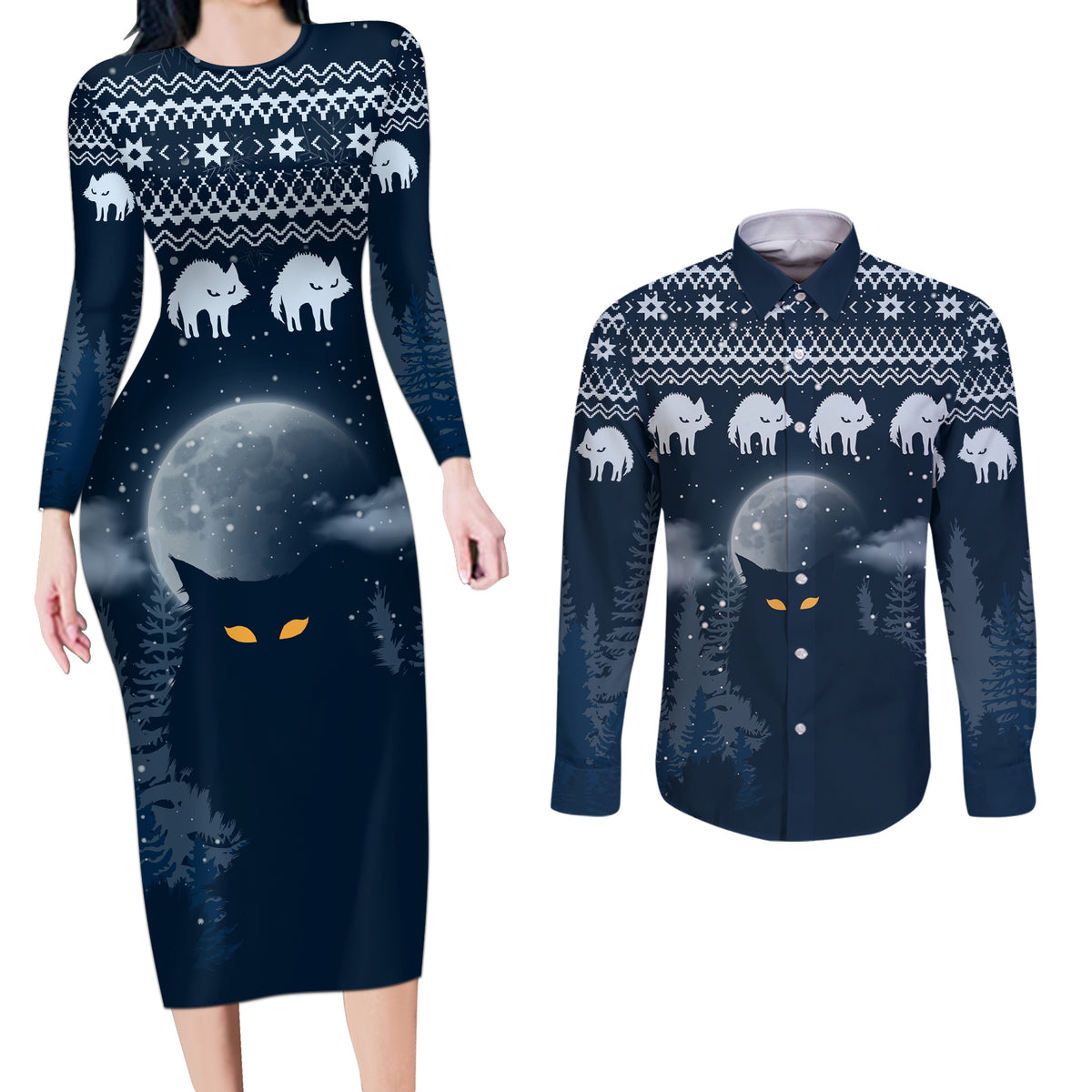 Yule Cat Christmas Couples Matching Long Sleeve Bodycon Dress and Long Sleeve Button Shirt Jolakotturinn Snowy Night LT7 - Wonder Print Shop