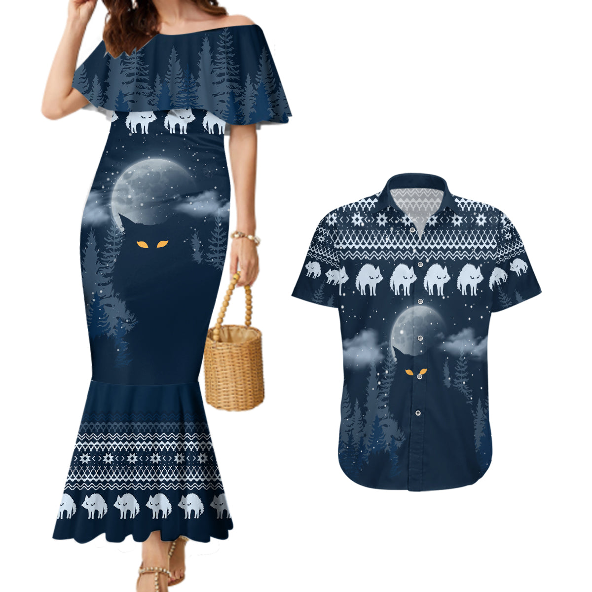 Yule Cat Christmas Couples Matching Mermaid Dress and Hawaiian Shirt Jolakotturinn Snowy Night LT7 - Wonder Print Shop