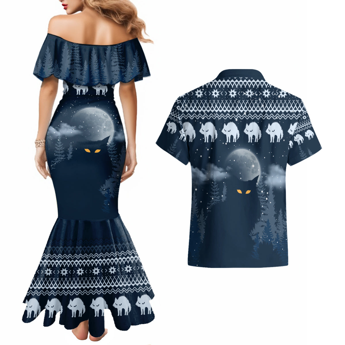 Yule Cat Christmas Couples Matching Mermaid Dress and Hawaiian Shirt Jolakotturinn Snowy Night LT7 - Wonder Print Shop