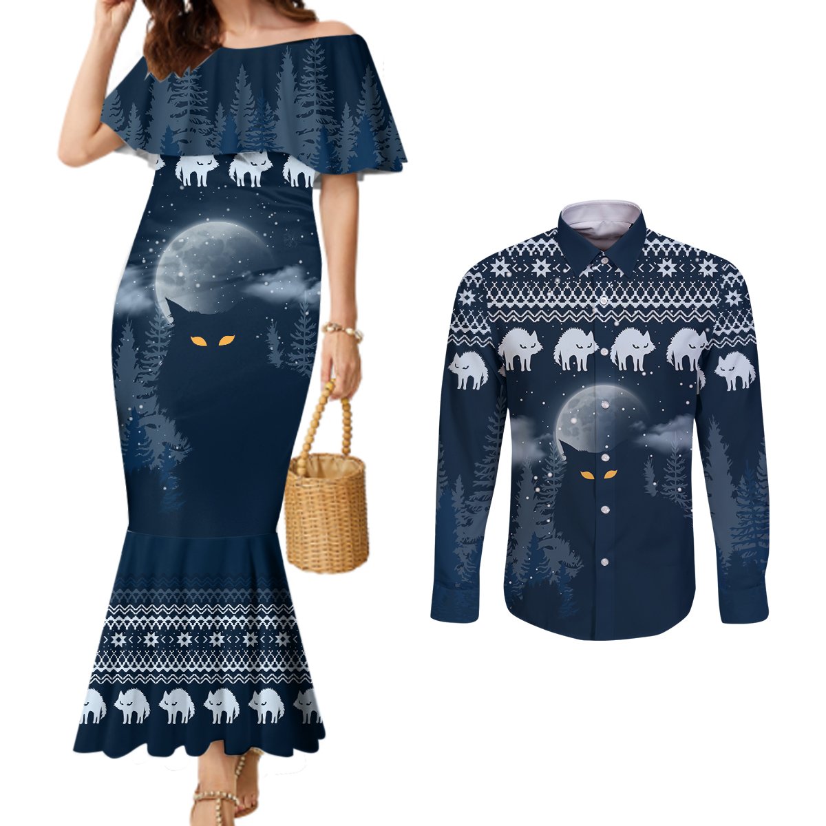 yule-cat-christmas-couples-matching-mermaid-dress-and-long-sleeve-button-shirt-jolakotturinn-snowy-night