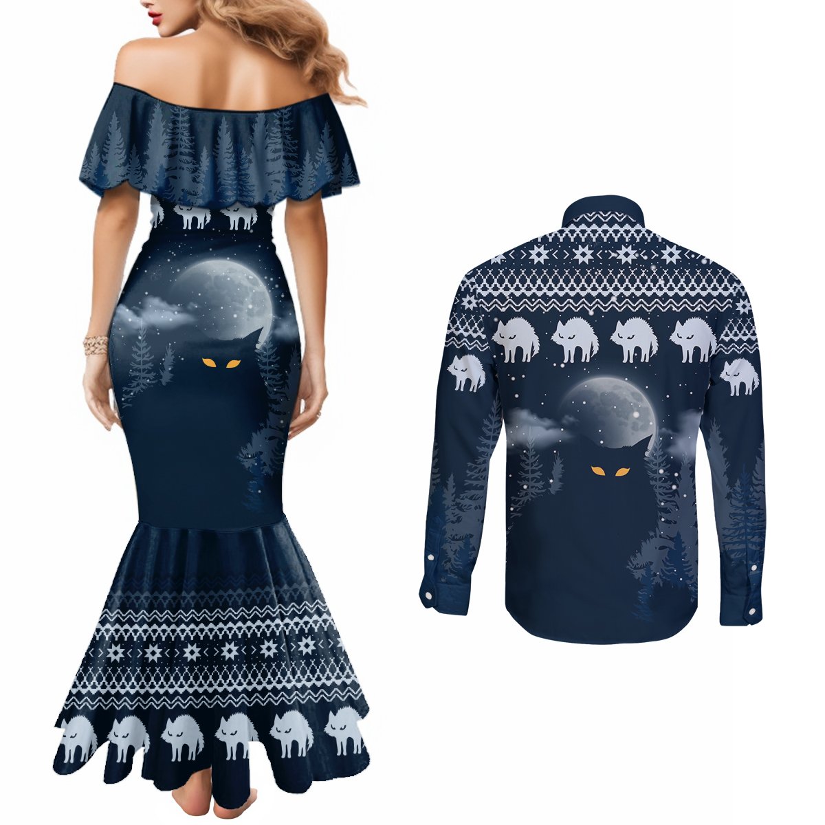 yule-cat-christmas-couples-matching-mermaid-dress-and-long-sleeve-button-shirt-jolakotturinn-snowy-night