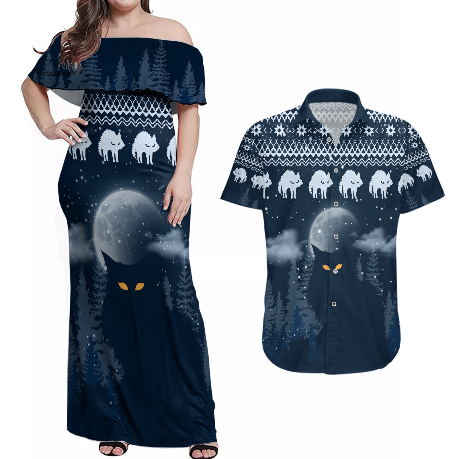 Yule Cat Christmas Couples Matching Off Shoulder Maxi Dress and Hawaiian Shirt Jolakotturinn Snowy Night LT7 - Wonder Print Shop
