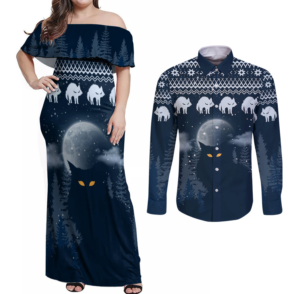 Yule Cat Christmas Couples Matching Off Shoulder Maxi Dress and Long Sleeve Button Shirt Jolakotturinn Snowy Night LT7 - Wonder Print Shop